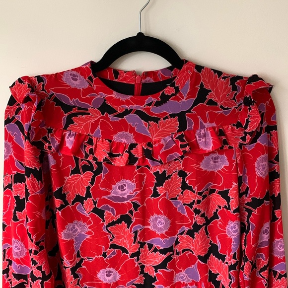 WHO WHAT WEAR purple red black floral ruffle hem dress SZ XS covered buttons - Picture 2 of 14